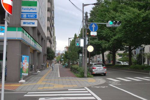 1つ目の信号を渡り、100mほど進むと日新本社ビルがあります。（一階に美容室が入っています）